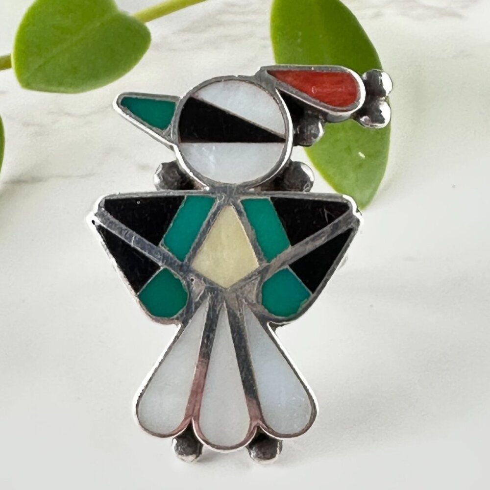Early Vintage Zuni Native American Bird Ring Inlaid Gemstones Size 5